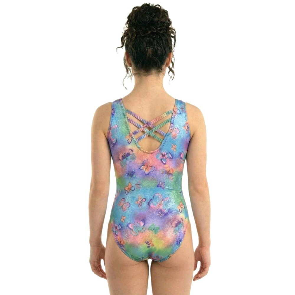 Satara VTG Neon Tie Dye Butterfly Sparkle Accent Tank Crossback Leotard Size AL - Picture 3 of 16